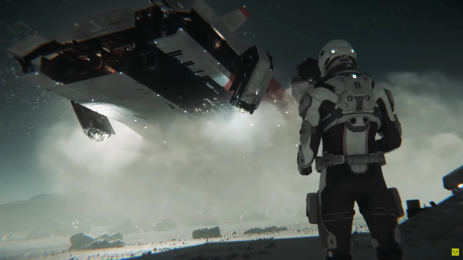 Eine Pioneer aus Star Citizen landet auf einem Planeten.